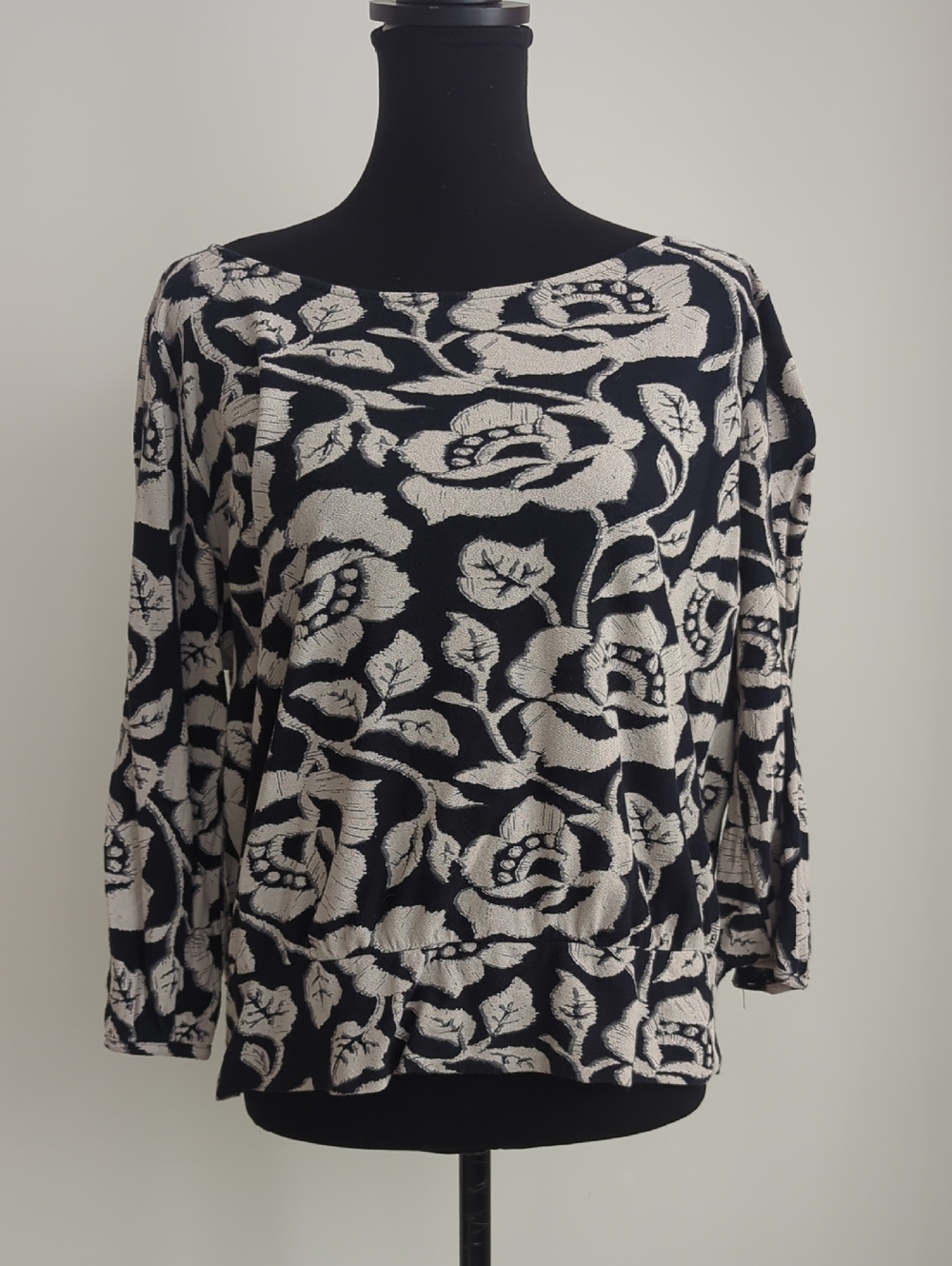 Lucky Brand Black and Cream Floral Boatneck Blouse Top